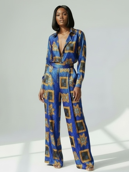 Tribal Pants - Tribal Blue & Gold Geometric Wide-Leg Jumpsuit
